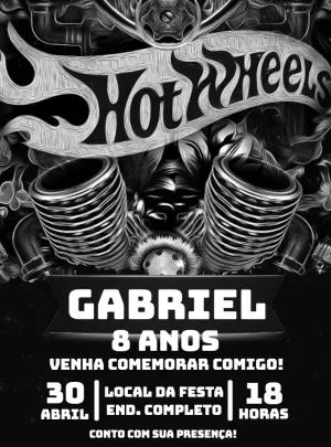 Convite de Aniversário Hot Wheels Preto e Branco para Editar