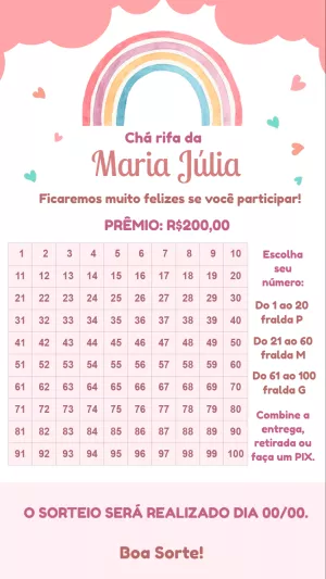 Chá Rifa Arco-íris Menina Editável para Enviar Online