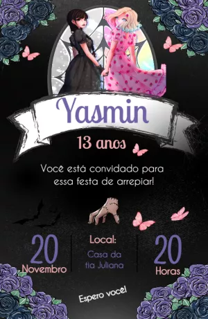 Convite de Aniversário Wandinha e Enid Editável Online