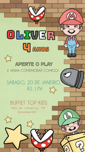 Convite de Aniversário Mario Bros com Personagens para Editar