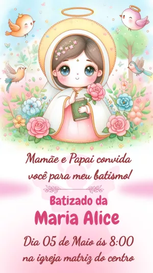 Convite de Batizado Menina Anjinha para Editar Online