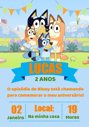 Convite de Aniversário Bluey e Família para Editar Online