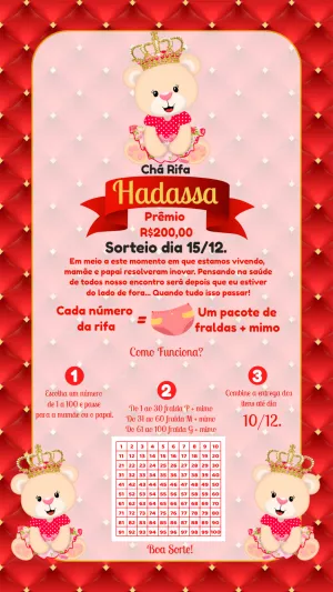 Convite Chá Rifa Ursinha Princesa para Editar Online
