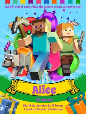 Convite de Aniversário Minecraft com Personagens para Editar