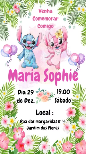 Convite de Aniversário Stitch e Angel para Editar Online