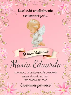 Convite de Batizado Menina com Anjo Rosa para Editar Online