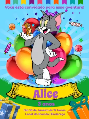 Convite Aniversário Tom e Jerry para Editar Online