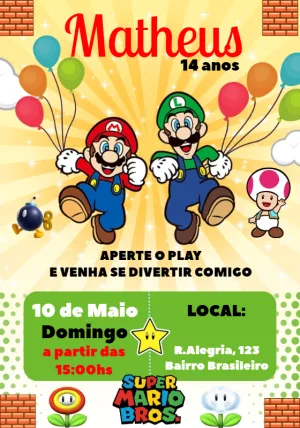 Convite de Aniversário Super Mario e Luigi para Editar Online