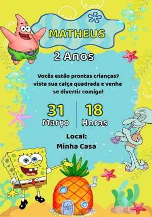Convite de Aniversário Bob Esponja para Editar Online
