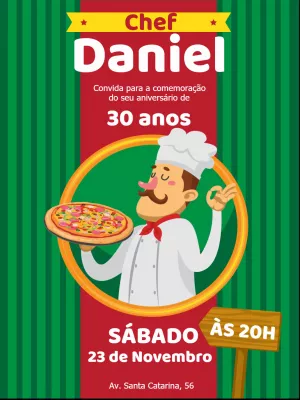 Convite de Aniversário Pizzaria com Chef para Editar Online