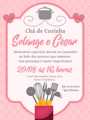 Convite Chá de Cozinha Rosa com Utensílios para Editar