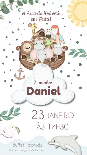 Convite Aniversário Arca de Noé com Animais para Editar Online