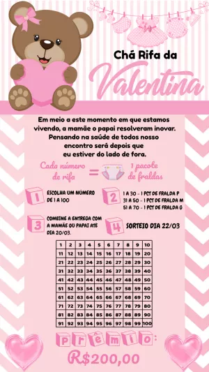 Convite Chá Rifa Ursinha Rosa para Editar e Imprimir