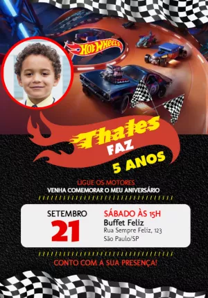 Convite Aniversário HotWheels com Foto para Editar Online