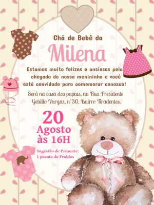 Convite Chá de Bebê Ursinha Fofa para Editar Online