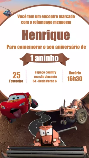 Convite de Aniversário Carros com Relâmpago Mcqueen para Editar