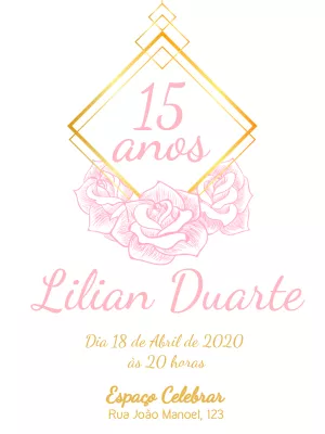 Convite 15 Anos Floral Rosa e Dourado para Editar Online