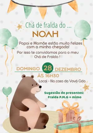 Convite Chá de Fralda Ursinho Aquarela para Editar Online