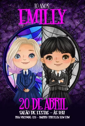 Convite de Aniversário Wandinha e Enid para Editar Online