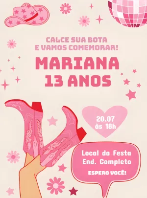 Convite Aniversário Boiadeira Country Rosa para Editar