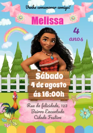 Convite de Aniversário Moana para Editar e Enviar Online