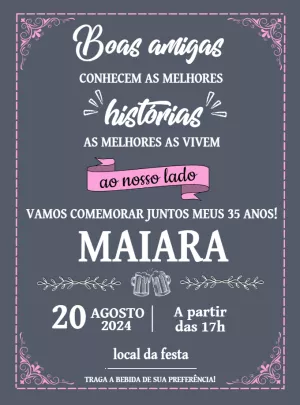 Convite Aniversário Boteco Amigas Cinza e Rosa para Editar