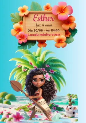 Convite de Aniversário Moana para Editar Online e Imprimir