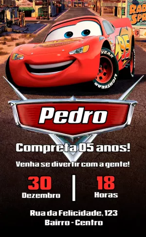 Convite de Aniversário Carros com Relâmpago McQueen para Editar