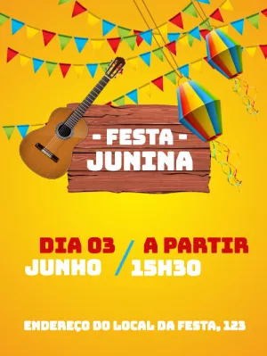 Convite Festa Junina com Violão e Bandeirinhas para Editar