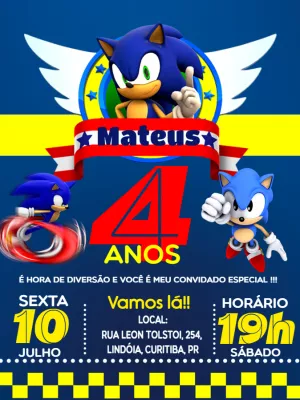 Convite de Aniversário Sonic Editável Online para Imprimir