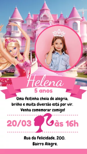 Convite de Aniversário Barbie com Foto para Editar Online