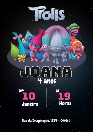 Convite de Aniversário Trolls com Personagens para Editar Online