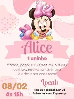 Convite de Aniversário Minnie Baby Rosa para Editar Online