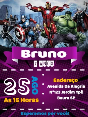 Convite Aniversário Vingadores com Heróis para Editar Online