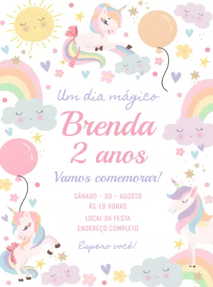 Convite de Aniversário Unicórnio Mágico para Editar Online