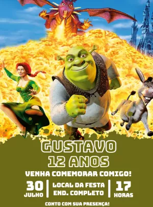 Convite de Aniversário Shrek com Personagens para Editar Online