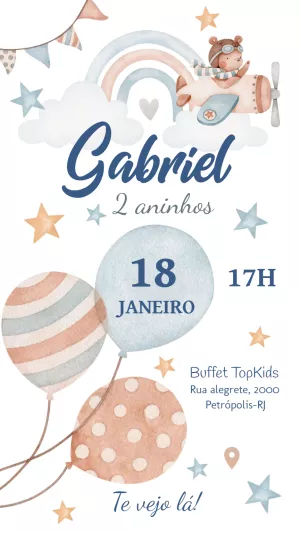 Convite Aniversário Ursinho Aviador Aquarela para Editar Online