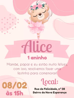 Convite Aniversário Ursinha Bailarina para Editar Online