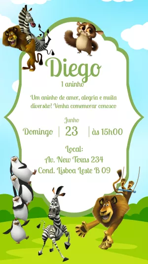 Convite de Aniversário Madagascar com Personagens para Editar