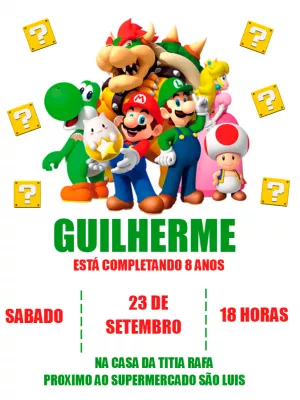 Convite Aniversário Super Mario com Personagens para Editar