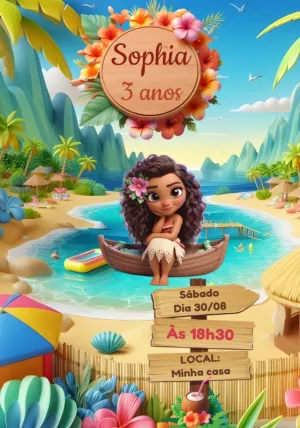 Convite Aniversário Moana Baby com Personagens para Editar Online