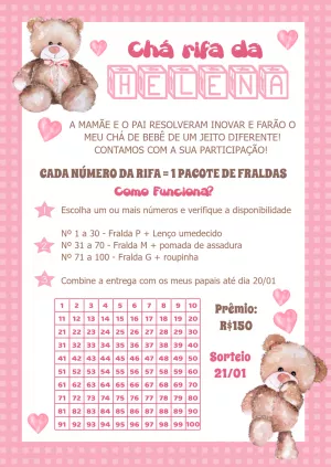 Convite Chá Rifa Ursinha Rosa para Editar Online