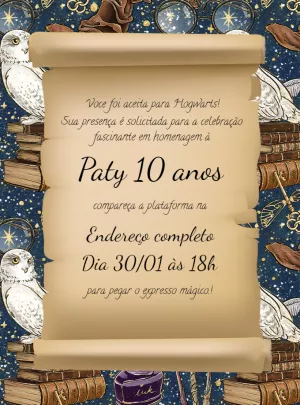 Convite Aniversário Harry Potter Carta Hogwarts para Editar