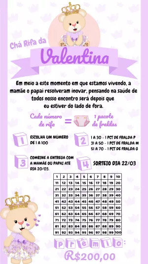 Convite Chá Rifa Ursinha Princesa para Editar Online
