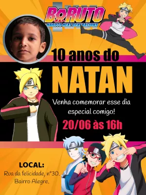 Convite Aniversário Boruto com Foto para Editar Online