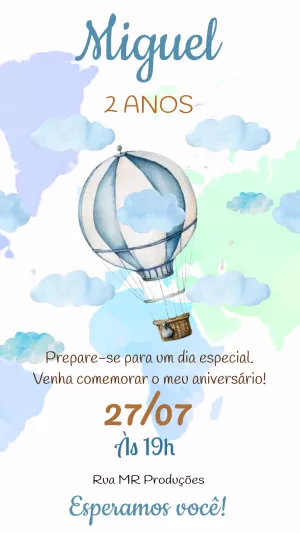 Convite Aniversário Balão Aquarela para Editar Online