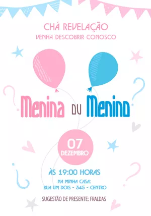 Convite Chá Revelação Balões Rosa e Azul para Editar Online