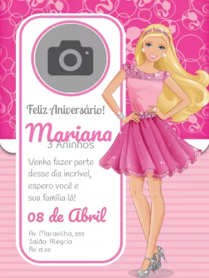 Convite de Aniversário Barbie com Foto para Editar Online Grátis