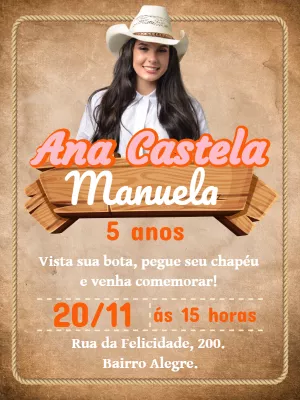Convite Aniversário Ana Castela Boiadeira com Foto para Editar