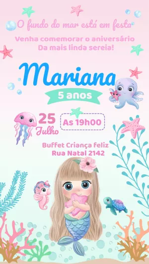 Convite de Aniversário Sereia Fundo do Mar para Editar Online